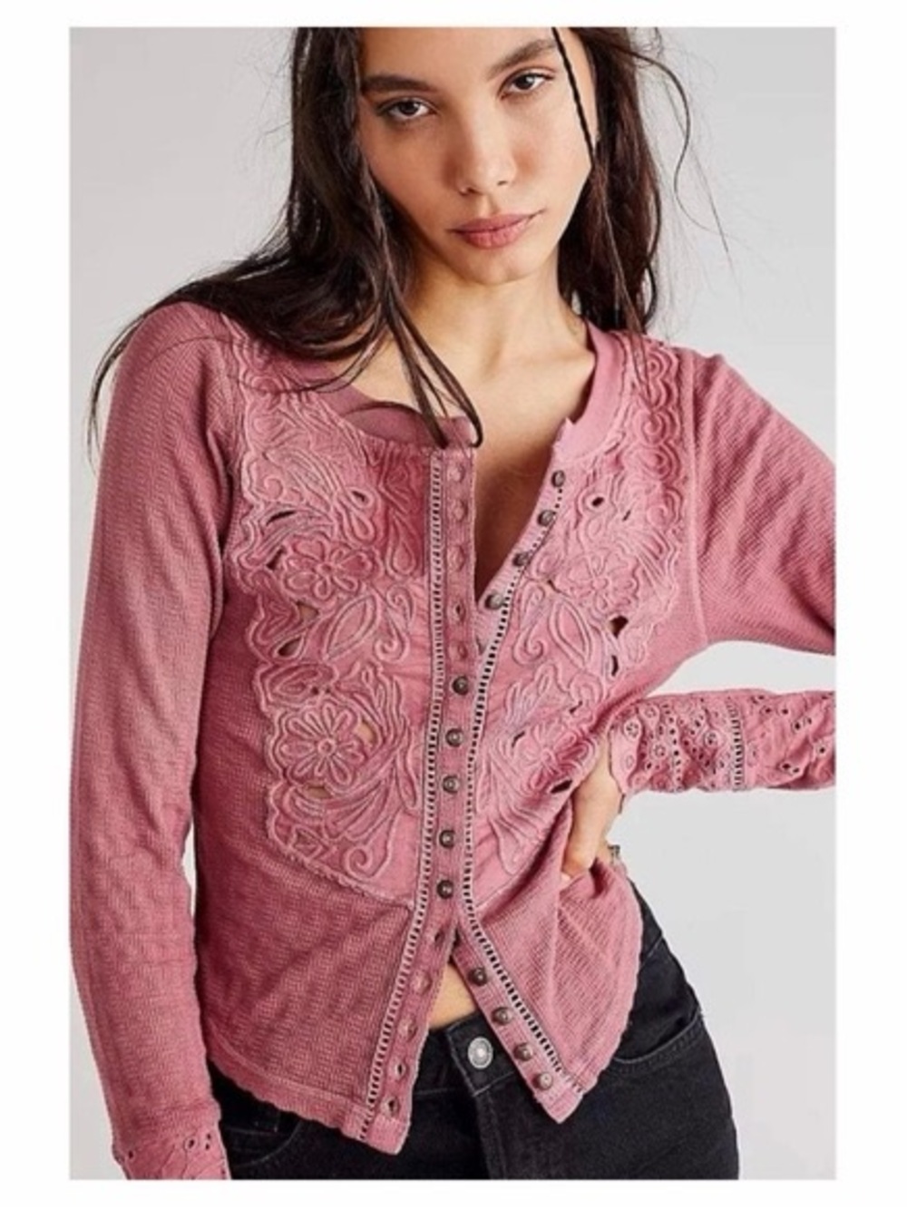 🚨SOLD 🚨 Free People Dusty Rose Embroidered Long Sleeve Tee